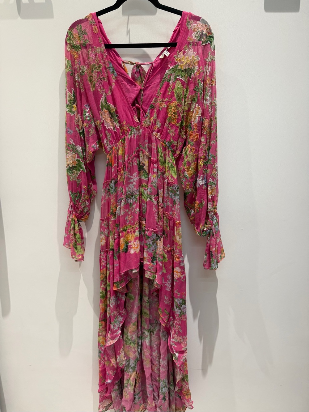 HEMANT & NANDITA Fuchsia Floral Embroidered High-low Dress